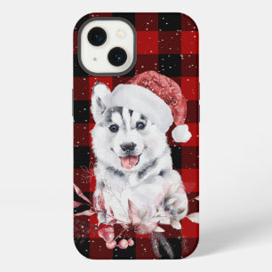 Etui iPhone 13 Husky de Noël sur carreaux de bison