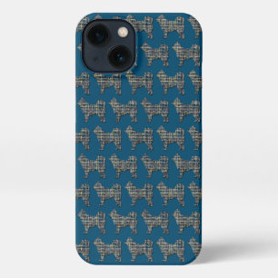 Etui iPhone 13 Husky Sibérien mignon Chien Silhouette Grille Bleu