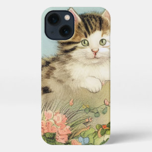 Etui iPhone 13 Illustration vintage de chat avec fleurs roses