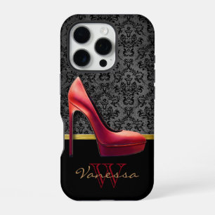 Coque iPhone 16 Pro Impression Rouge Haut talon et Damas avec Monogram