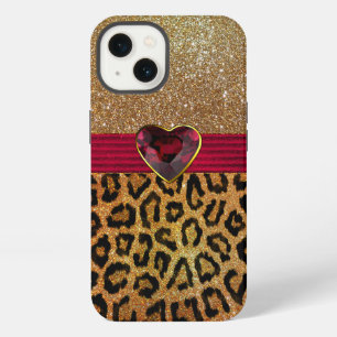 Etui iPhone 13 Imprimé léopard pailleté or et cœur rubis