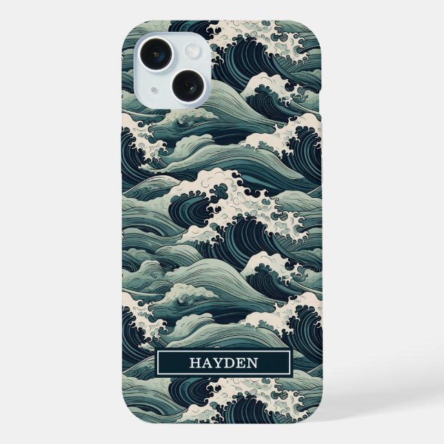 Coque iPhone Imprimé Vagues Japonaises Monogrammé (Verso)