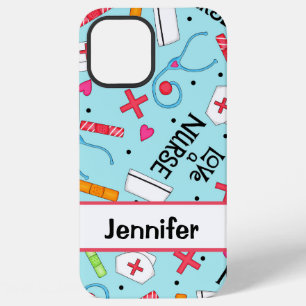 Coque iPhone 12 Pro Max Infirmière Art Médical Bleu Clair Nom Personnalisé