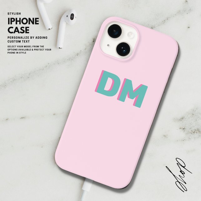 Coque iPhone Initiales de Monogramme simple moderne rose vert (Créateur téléchargé)