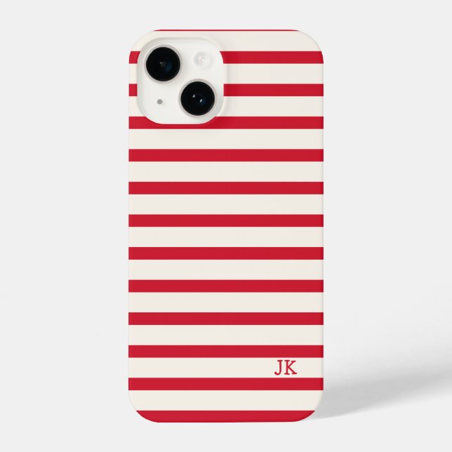 Coque iPhone Initiales personnalisées à rayures rouges et blanc (Verso)