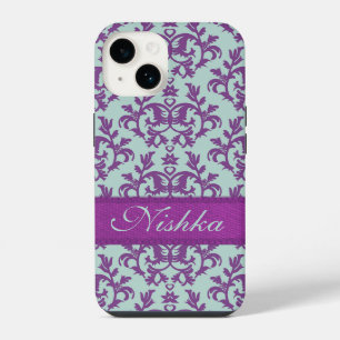 Coque Pour iPhone 14 Iphone botanique damassé violet émeraude