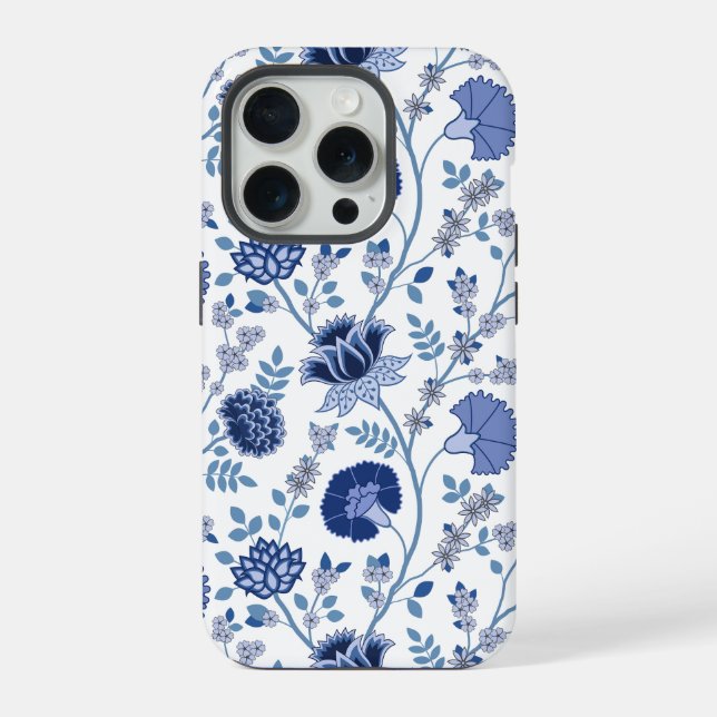 Coque iPhone Jacobean Floral Big Motif Blues sur blanc (Verso)