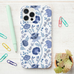 Coque iPhone 12 Pro Max Jacobean Floral Big Motif Blues sur blanc