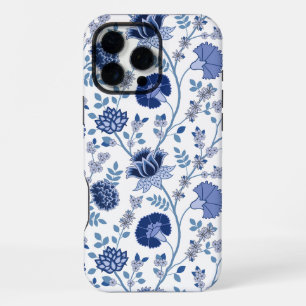 Coque iPhone 16 Pro Max Jacobean Floral Big Motif Blues sur blanc