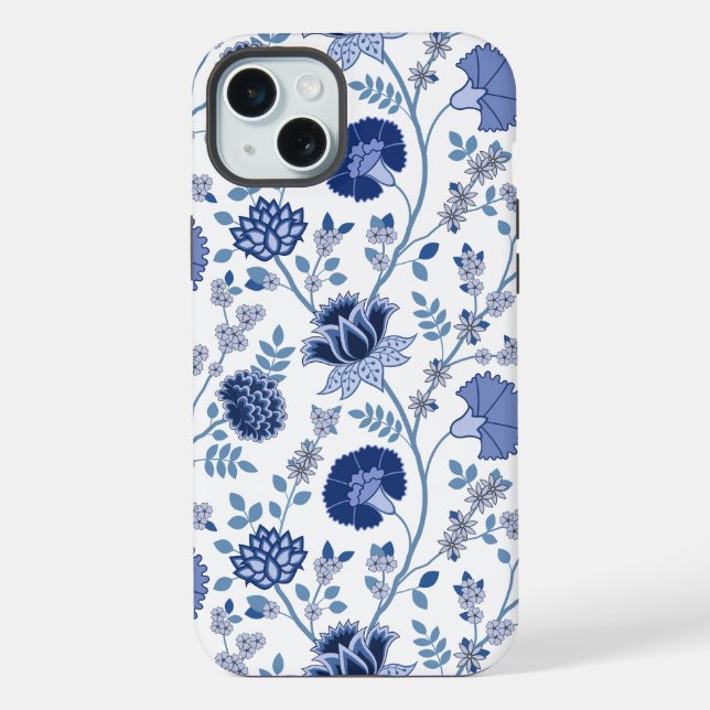 Coque iPhone Jacobean Floral Big Motif Blues sur blanc (Verso)