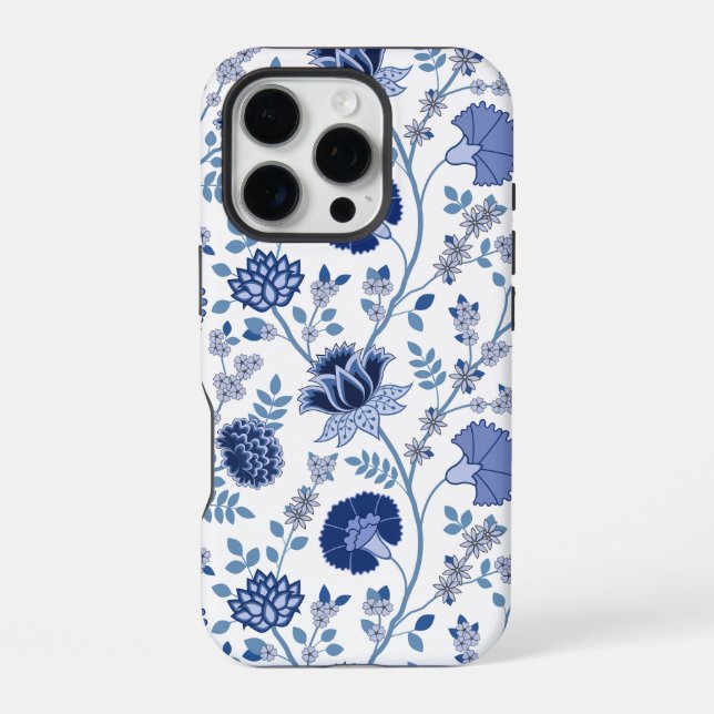 Coque iPhone Jacobean Floral Big Motif Blues sur blanc (Verso)