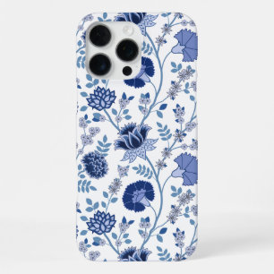 Coque iPhone 16 Pro Max Jacobean Floral Big Motif Blues sur blanc