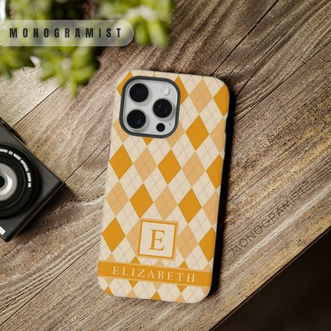 Coque iPhone Jacquard couleur orange pâle personnalisable (Customizable Pale Yellow Orange Color Argyle iPhone Case)