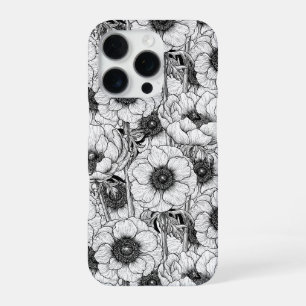 Coque iPhone 16 Pro Jardin d'anémones en noir et blanc