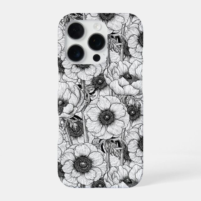 Coque iPhone Jardin d'anémones en noir et blanc (Verso)