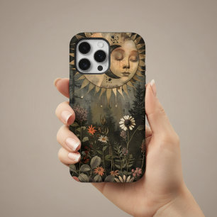 Coque iPhone 16 Pro Jardin de fleurs sauvages Boho Céleste Soleil Lune