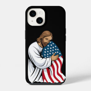Coque Pour iPhone 14 Jésus serrant le drapeau américain