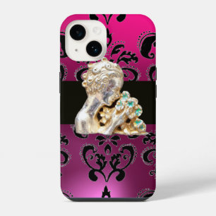 Coque Pour iPhone 14 JEUNE FILLE AVEC FLEURS NOIR PINK DAMAS Améthyste