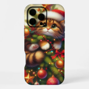 Coque iPhone 16 Pro Max Joli chat malicieux dans l'arbre de Noël
