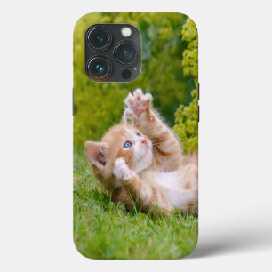 Etui iPhone 13 Pro Joli chaton drôle jouant dans un jardin fleuri 
