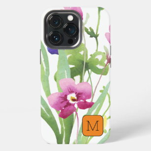 Etui iPhone 13 Pro Joli initial avec bordure Aquarelle rose vert