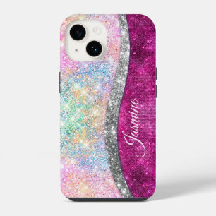 Coque Pour iPhone 14 Joli monogramme iridescent rose argent pailleté fa
