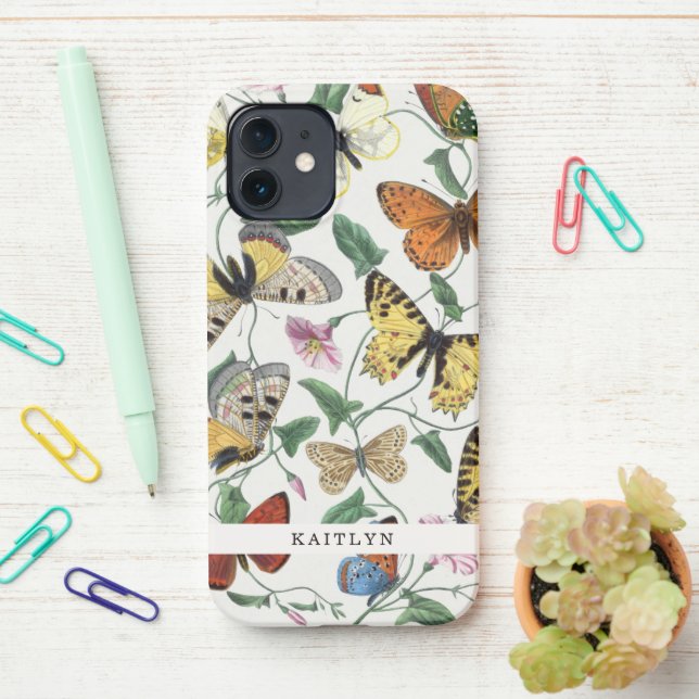 Coque iPhone Joli papillons Vintages | Nom (Sur le bureau)