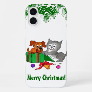 Coque iPhone 16 Plus Joyeux Noël avec chat et chiot
