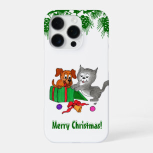 Coque iPhone 16 Pro Joyeux Noël avec chat et chiot
