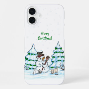 Coque iPhone 16 Plus Joyeux Noël ! Bonhomme de neige avec chat et chiot