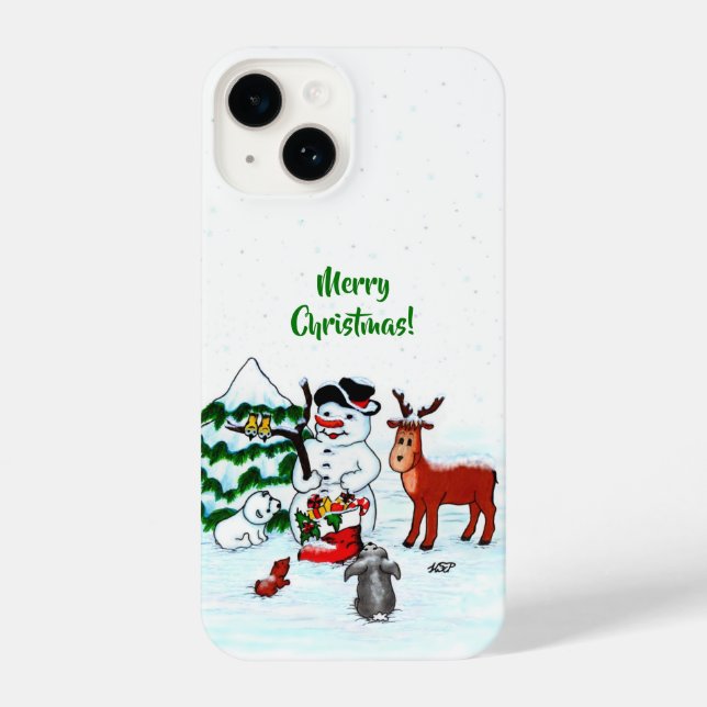 Coque iPhone Joyeux Noël ! Snowman avec amis (Verso)