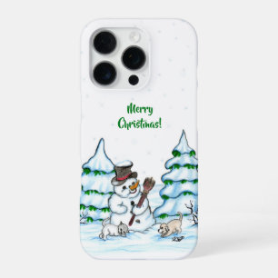 Coque iPhone 16 Pro Joyeux Noël ! Snowman avec chat et chiot