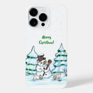 Coque Pour Pour iPhone 14 Pro Max Joyeux Noël ! Snowman avec chat et chiot