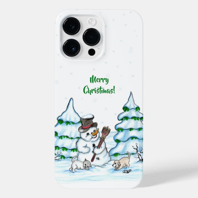 Coque iPhone Joyeux Noël ! Snowman avec chat et chiot (Verso)