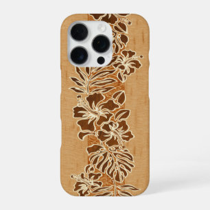 Coque iPhone 16 Pro Kalaheo Hibiscus Hawaïen Tapa Faux Bois de Koa 
