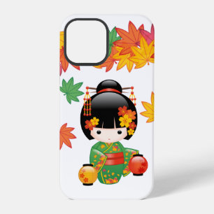 Coque iPhone 12 Pro Kimono Vert Automnal Poupée Kokeshi Feuilles d'Éra