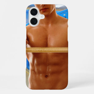 Coque iPhone 16 Plus La chemise de SlipperyJoe homme musclé imberbe abs