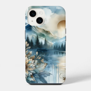 Coque Pour iPhone 14 Lac de montagne aquarelle jour de pluie rustique b
