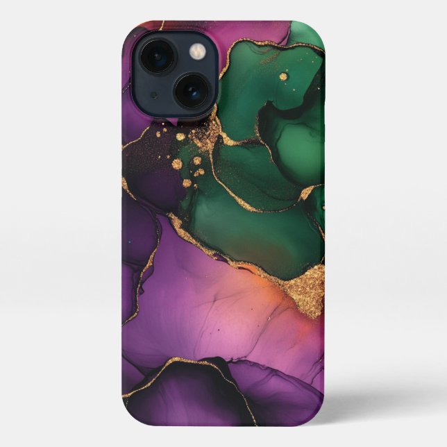 Coque iPhone l'art de l'alcool violet vert girly or (Verso)