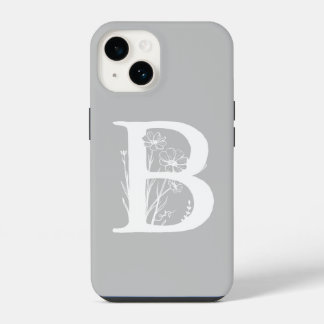 COQUE POUR iPhone 14 LETTRE FLORALE GRAVE B MONOGRAM COULEUR GRIS