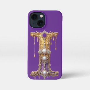 Etui iPhone 13 Mini Lettre I dorée ornée de perles et de coulures
