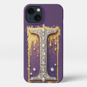 Etui iPhone 13 Lettre I dorée ornée de perles et de coulures