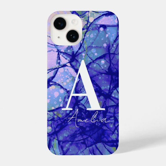 Coque iPhone Lettre monographique Nom initial Art Abstrait bleu (Verso)