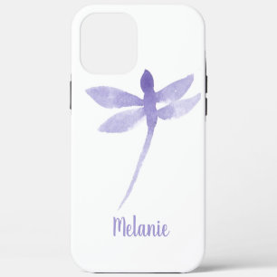 Coque iPhone 12 Pro Max Libellules Aquarelle Monogramme Violet Nom