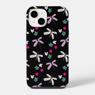 Coque Pour iPhone 14 Libellules et fleurs sur fond noir