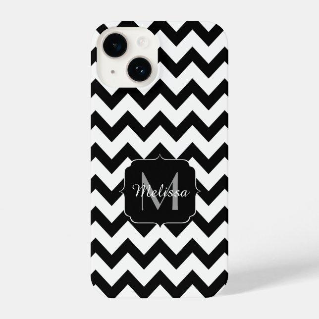 Coque iPhone Lignes simples de motif en chevron noir Monogram (Verso)