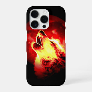 Coque iPhone 16 Pro Loup, Lune & Ciel Rouge