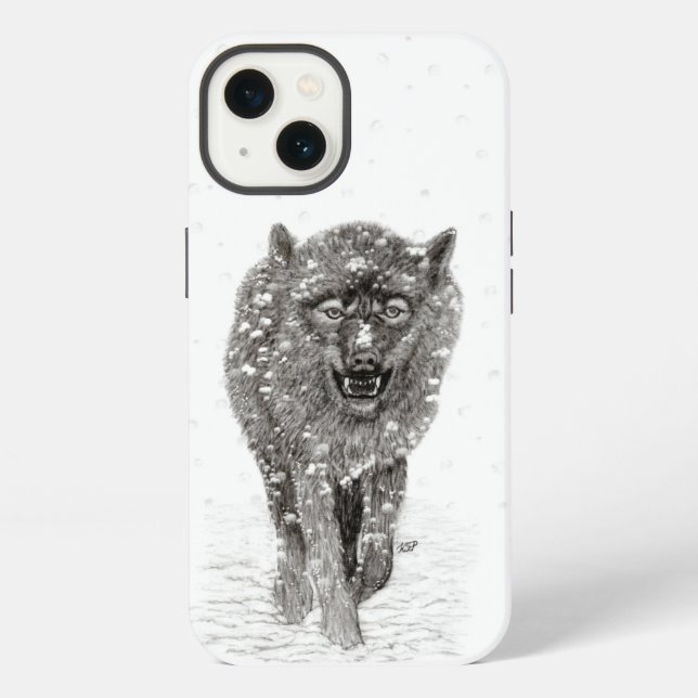 Coque iPhone Loup noir en colère dans la neige, hiver sauvage (Verso)