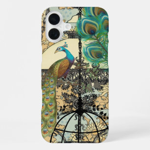 Coque iPhone 16 Plus Lustre Cage à Oiseaux Paon Damassé