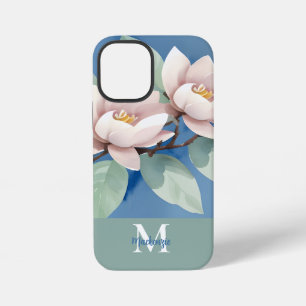 Coque iPhone 12 Mini Magnolias Magnifiques Personnalisés Bleu et Blan
